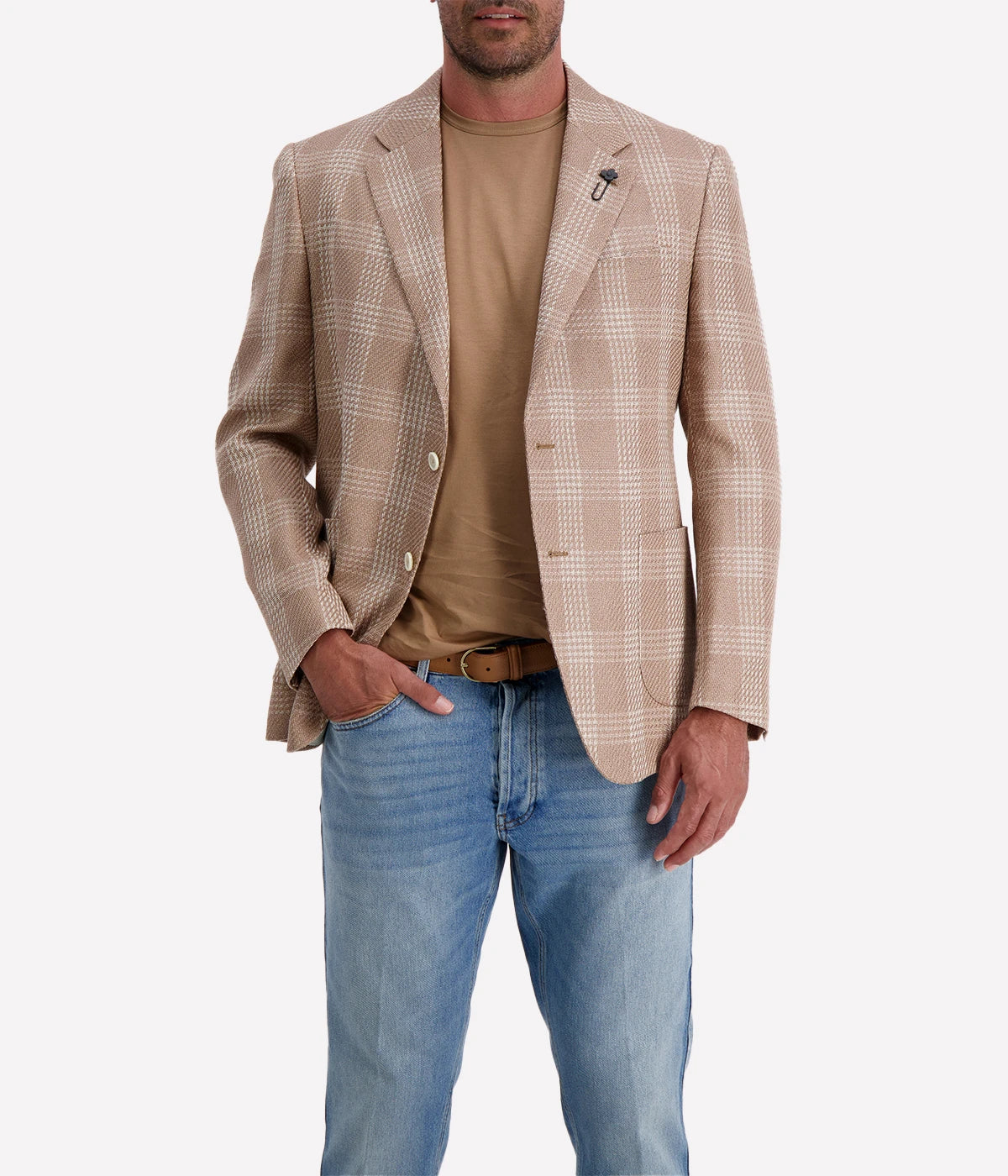 Beige and cream checked Lardini blazer made from a cotton and linen blend, featuring a single-breasted design, signature lapel flower, and a lightweight, half-lined interior.