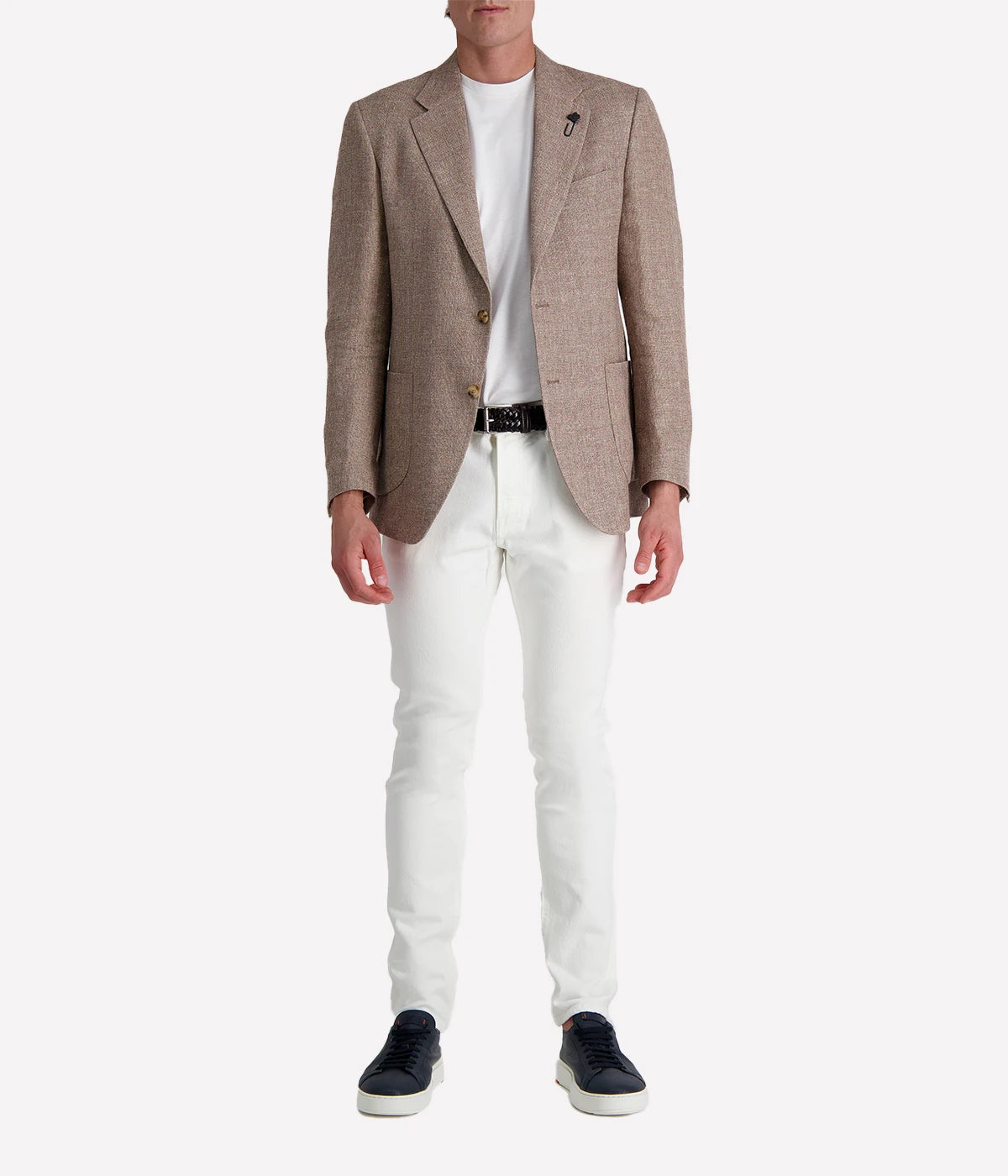 Lardini men's light brown textured blazer styled with white jeans and a white tee; features soft tailoring, notch lapel, and signature flower pin—ideal for smart casual looks.