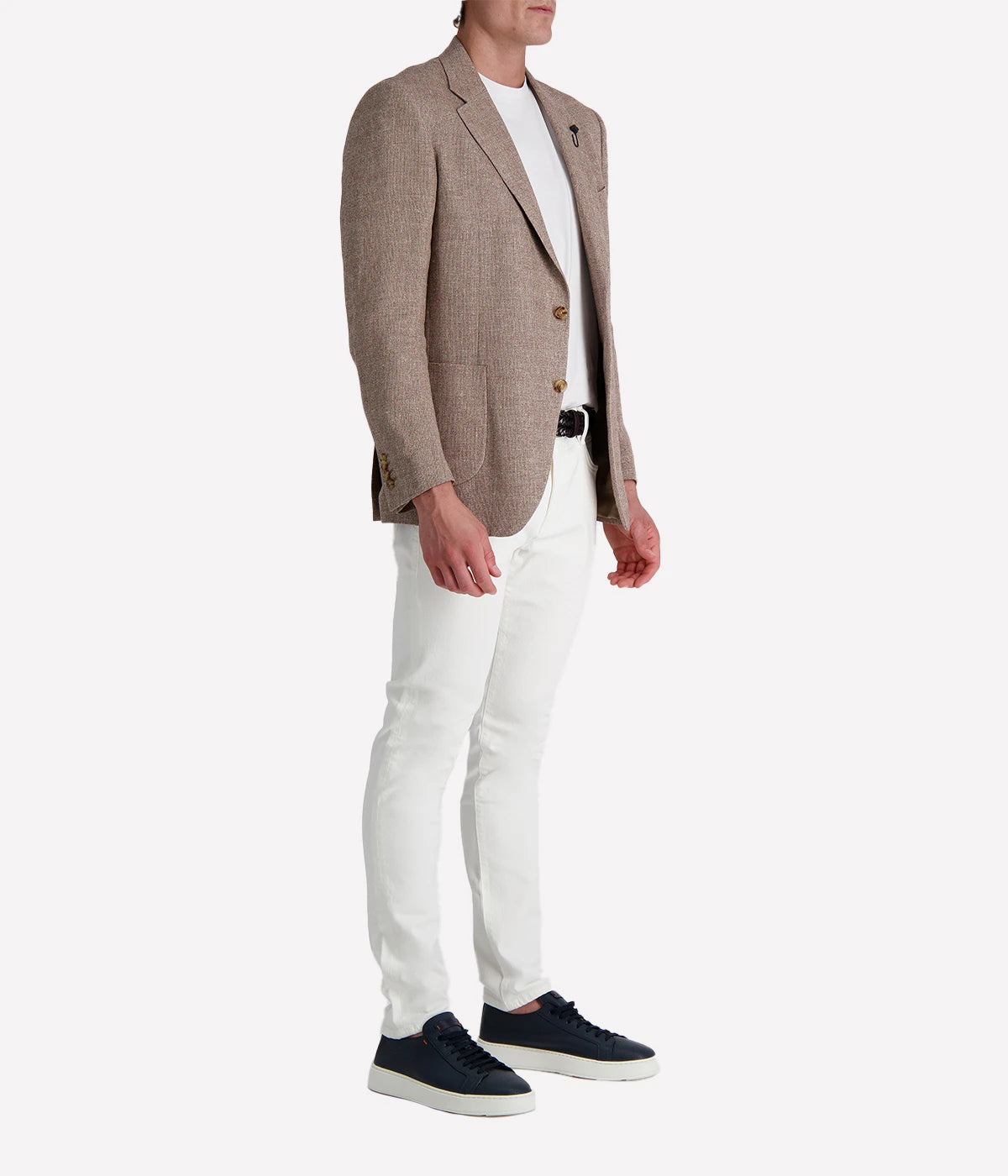 Lardini men's light brown textured blazer styled with white jeans and a white tee; features soft tailoring, notch lapel, and signature flower pin—ideal for smart casual looks.