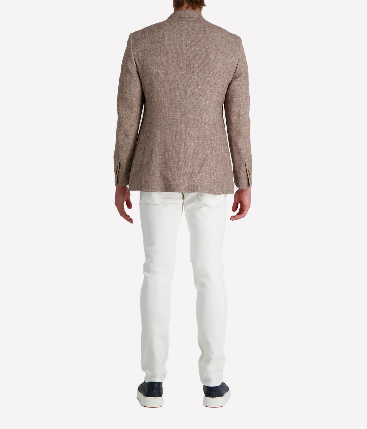 Lardini men's light brown textured blazer styled with white jeans and a white tee; features soft tailoring, notch lapel, and signature flower pin—ideal for smart casual looks.