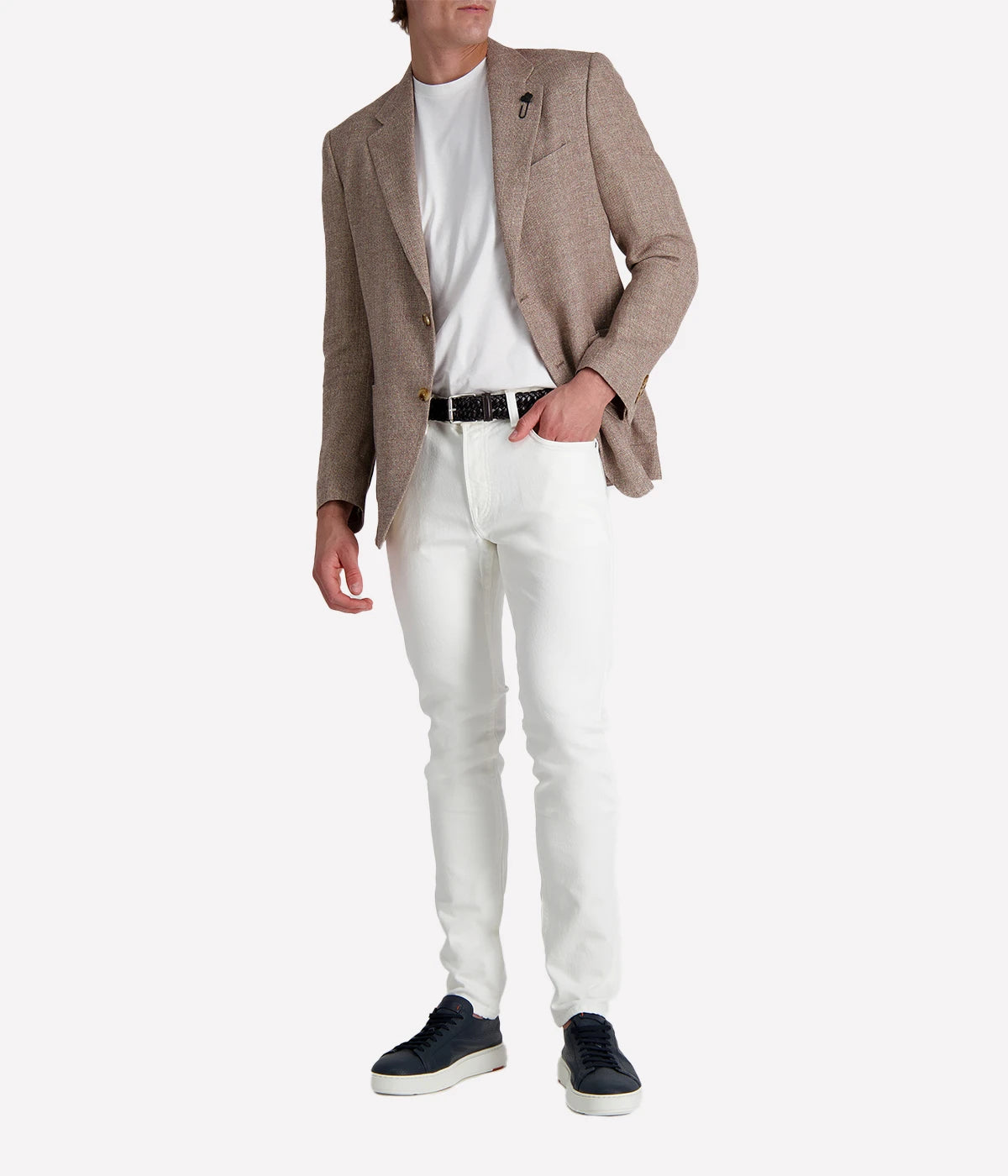 Lardini men's light brown textured blazer styled with white jeans and a white tee; features soft tailoring, notch lapel, and signature flower pin—ideal for smart casual looks.