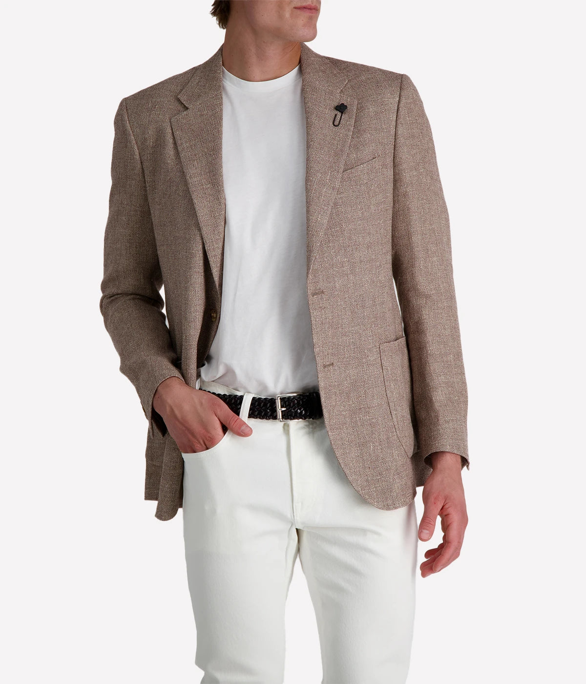 Lardini men's light brown textured blazer styled with white jeans and a white tee; features soft tailoring, notch lapel, and signature flower pin—ideal for smart casual looks.