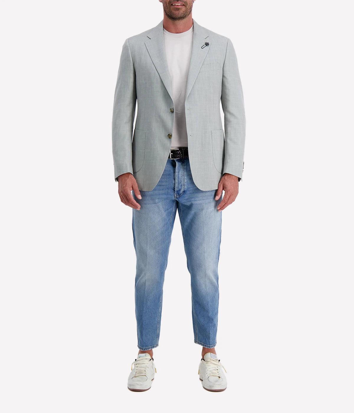 Lardini single-breasted jacket in a luxurious green-grey wool, silk, and linen blend, featuring a tailored fit for a refined silhouette—perfect for both formal and casual occasions. Made in Italy.