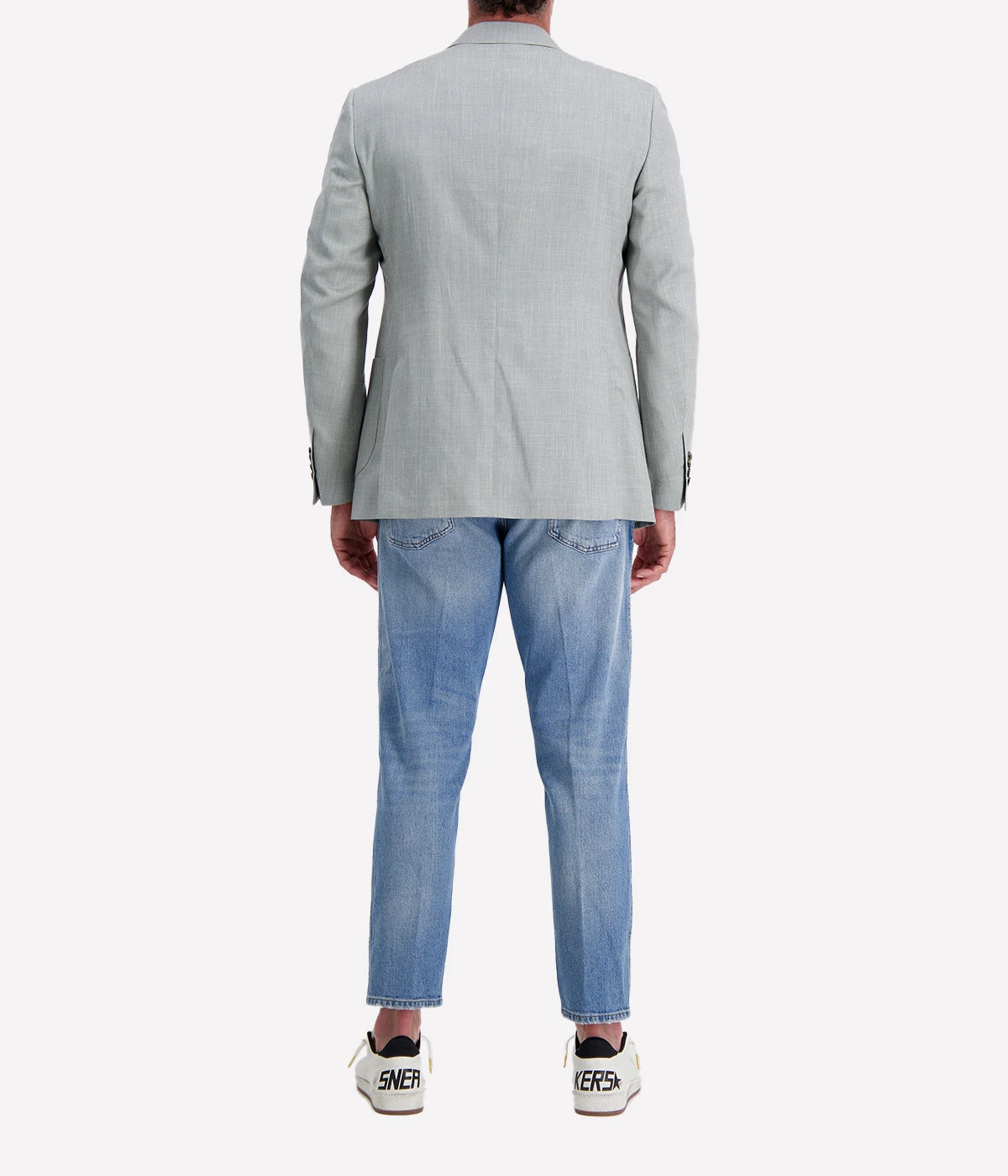 Lardini single-breasted jacket in a luxurious green-grey wool, silk, and linen blend, featuring a tailored fit for a refined silhouette—perfect for both formal and casual occasions. Made in Italy.