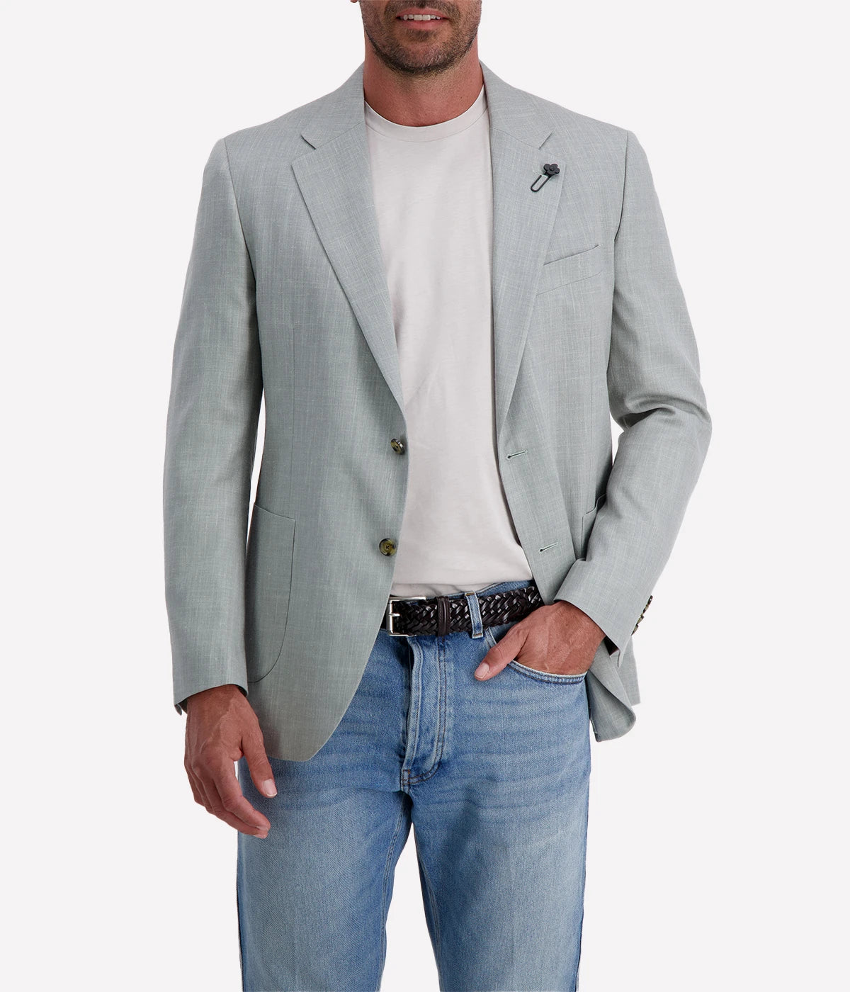 Lardini single-breasted jacket in a luxurious green-grey wool, silk, and linen blend, featuring a tailored fit for a refined silhouette—perfect for both formal and casual occasions. Made in Italy.
