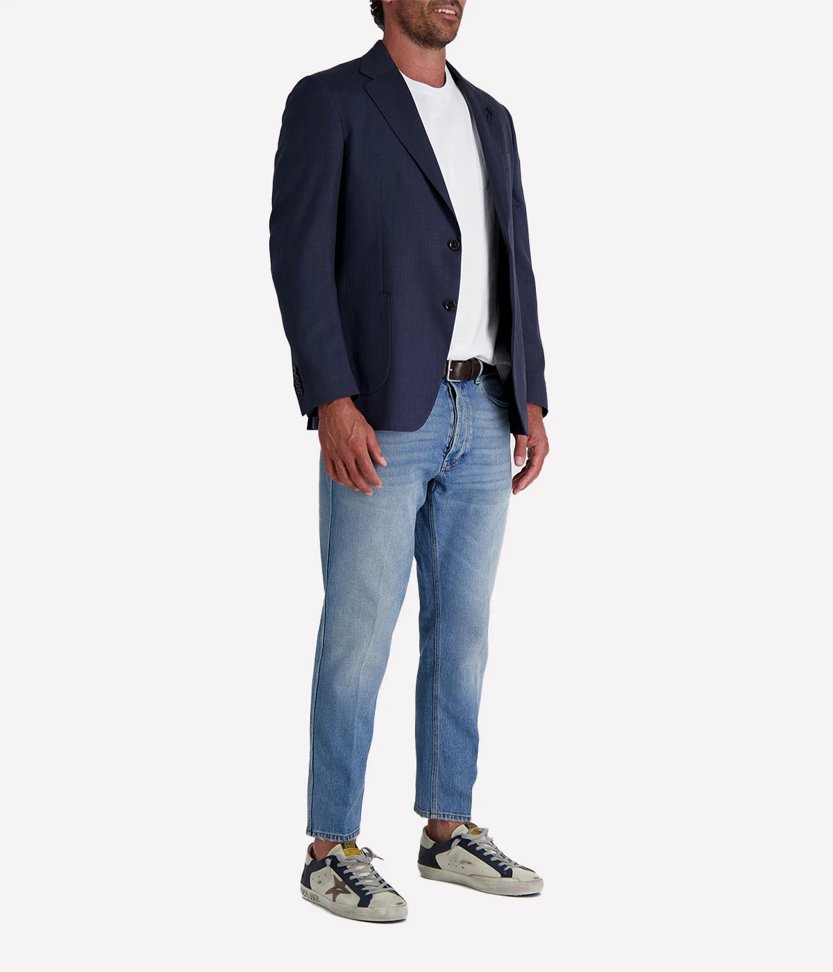 Navy Lardini tailored jacket featuring a single-breasted design, soft shoulders, and signature boutonnière detail, crafted in Italy from a blend of virgin wool and silk for a lightweight, elegant finish.