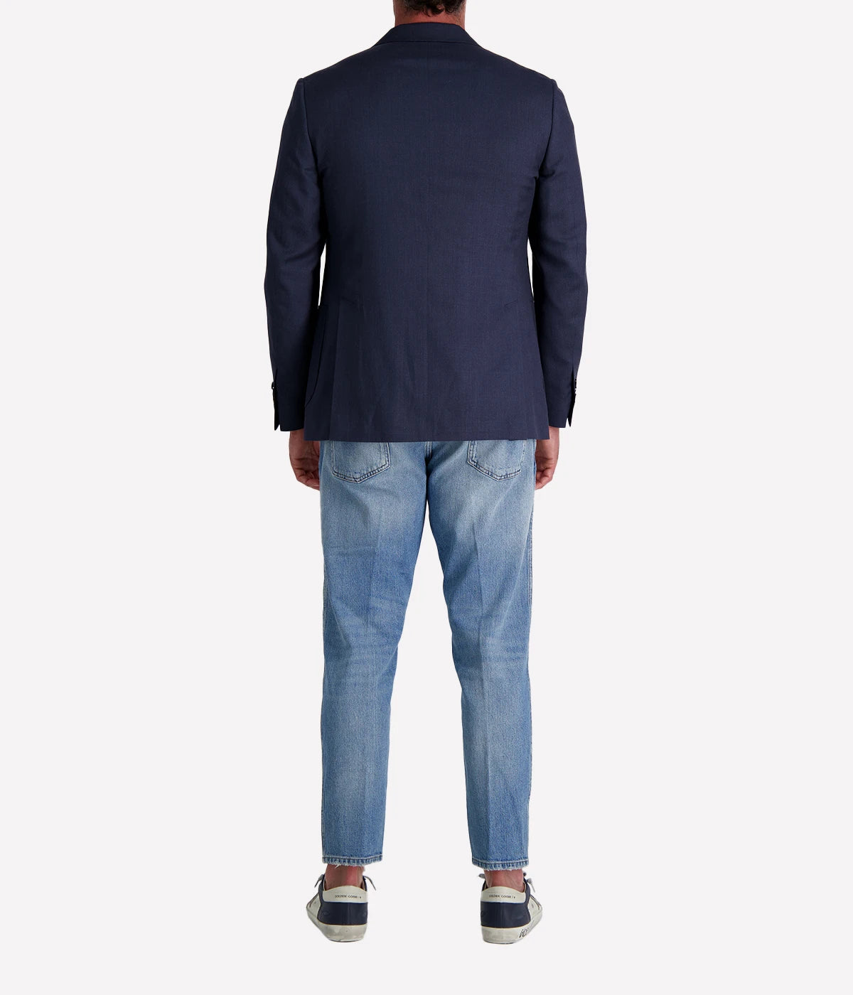 Navy Lardini tailored jacket featuring a single-breasted design, soft shoulders, and signature boutonnière detail, crafted in Italy from a blend of virgin wool and silk for a lightweight, elegant finish.