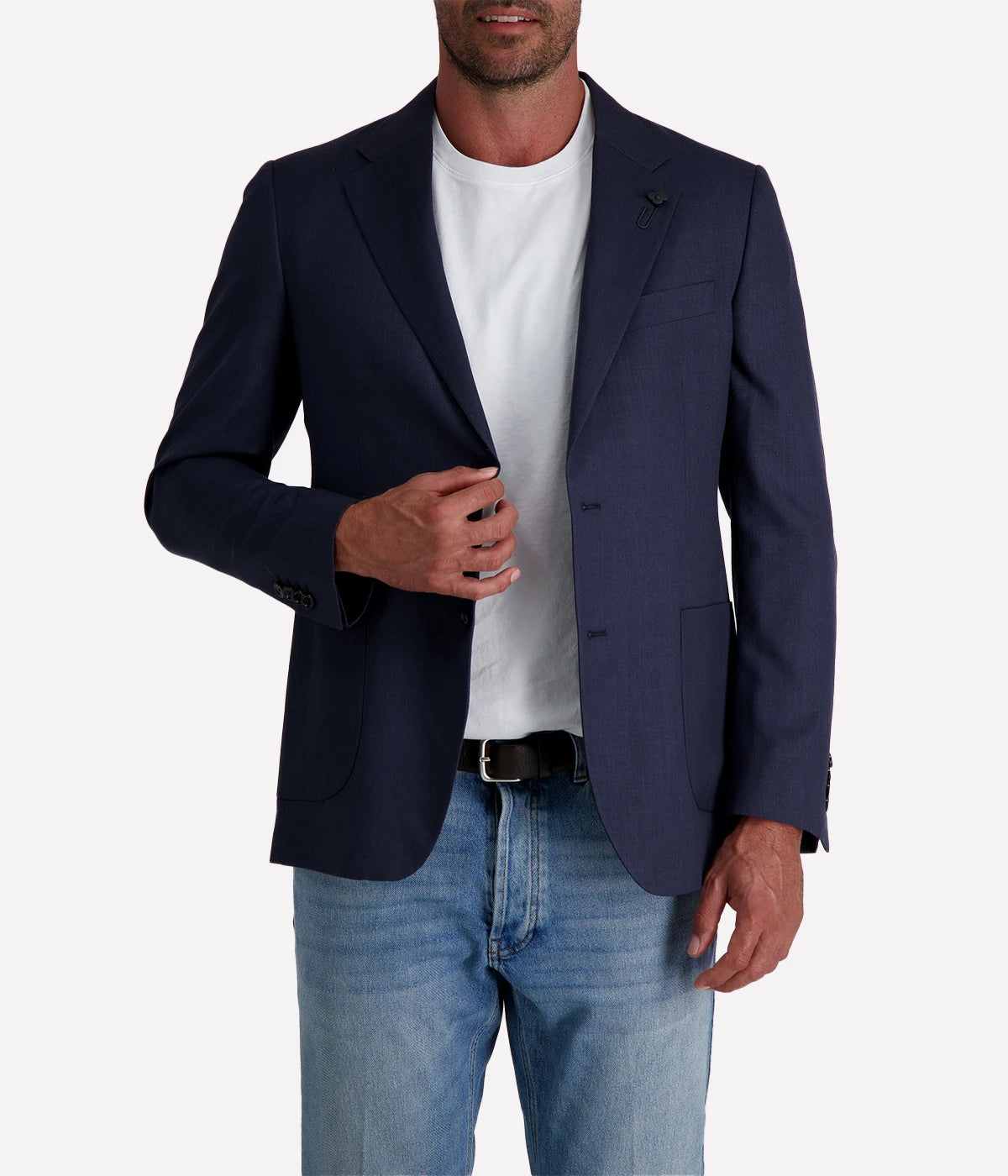 Navy Lardini tailored jacket featuring a single-breasted design, soft shoulders, and signature boutonnière detail, crafted in Italy from a blend of virgin wool and silk for a lightweight, elegant finish.