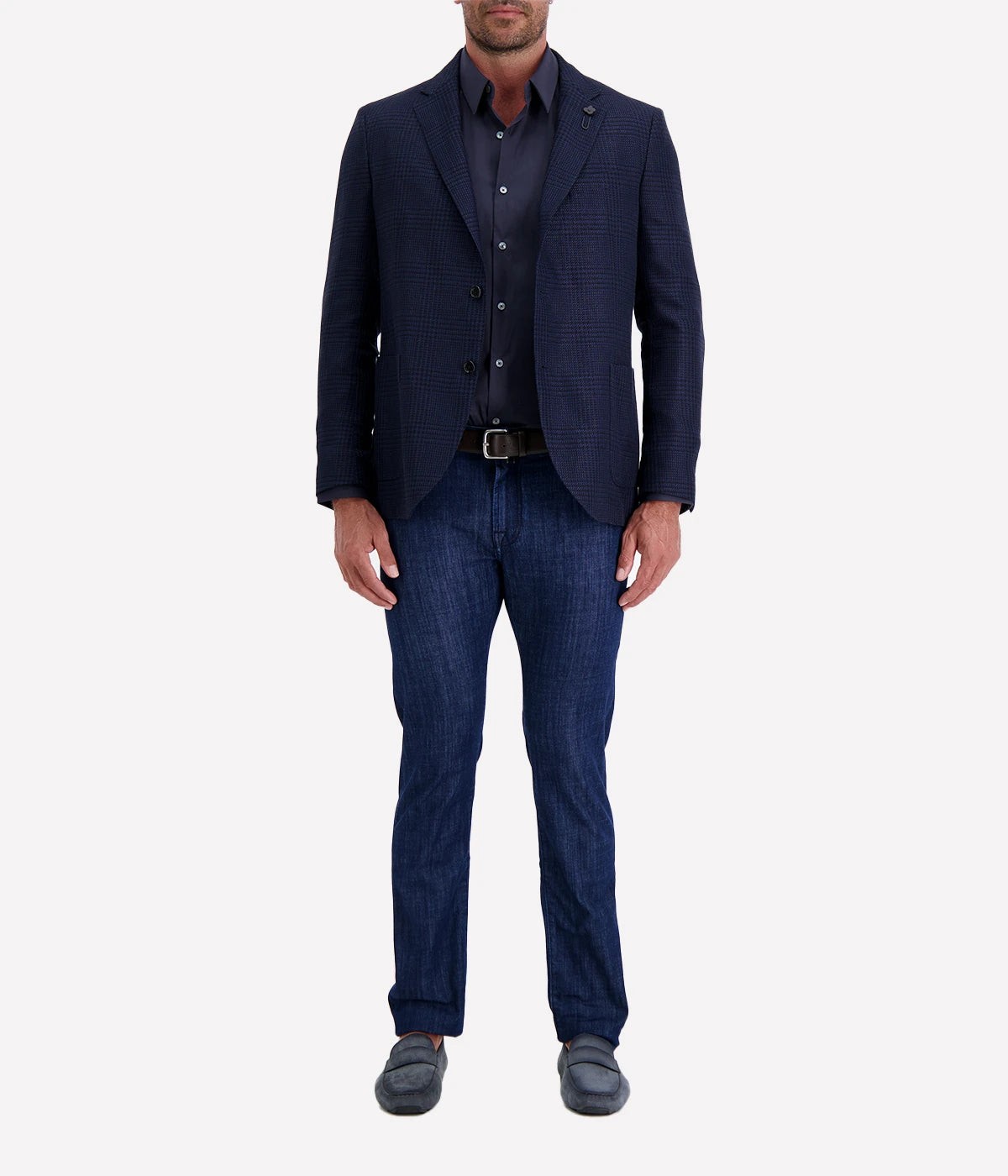 Navy checked Lardini blazer crafted from a cotton and flax blend, featuring a single-breasted design, subtle check pattern, signature lapel flower, and lightweight half-lined interior.