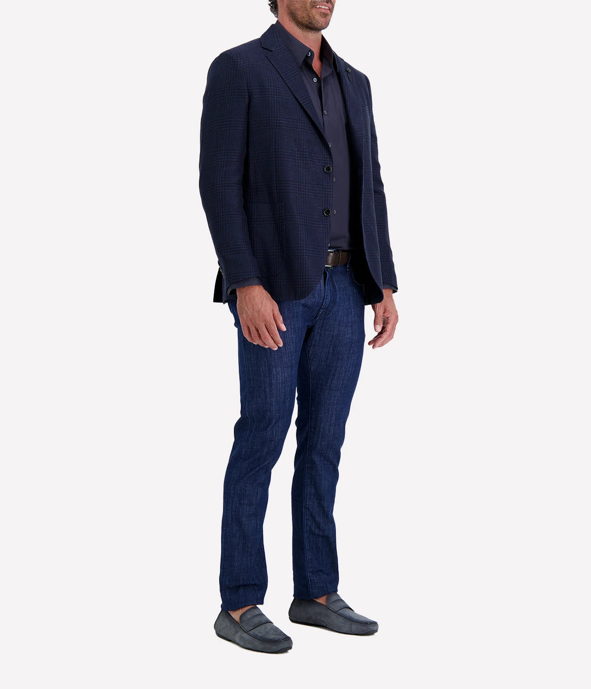 Navy checked Lardini blazer crafted from a cotton and flax blend, featuring a single-breasted design, subtle check pattern, signature lapel flower, and lightweight half-lined interior.