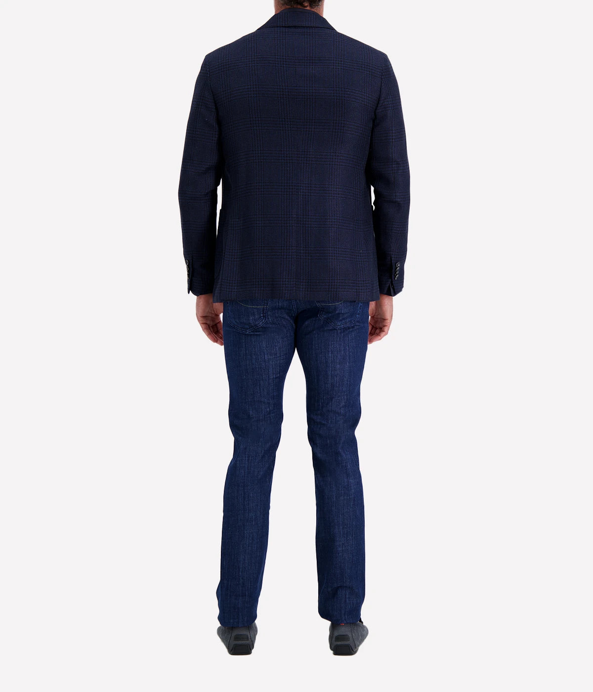 Navy checked Lardini blazer crafted from a cotton and flax blend, featuring a single-breasted design, subtle check pattern, signature lapel flower, and lightweight half-lined interior.