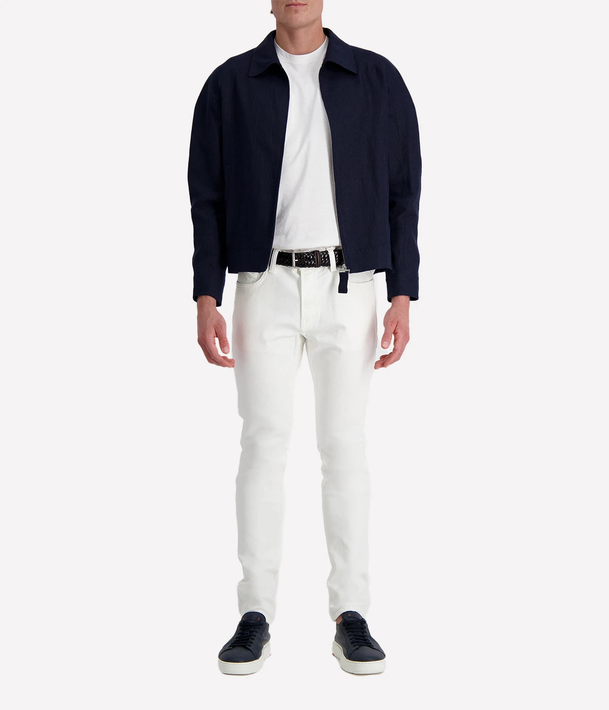 Lardini lightweight linen jacket in dark navy with zip closure, elasticated hem and cuffs, and side welt pockets—designed for a polished yet breathable warm-weather look.