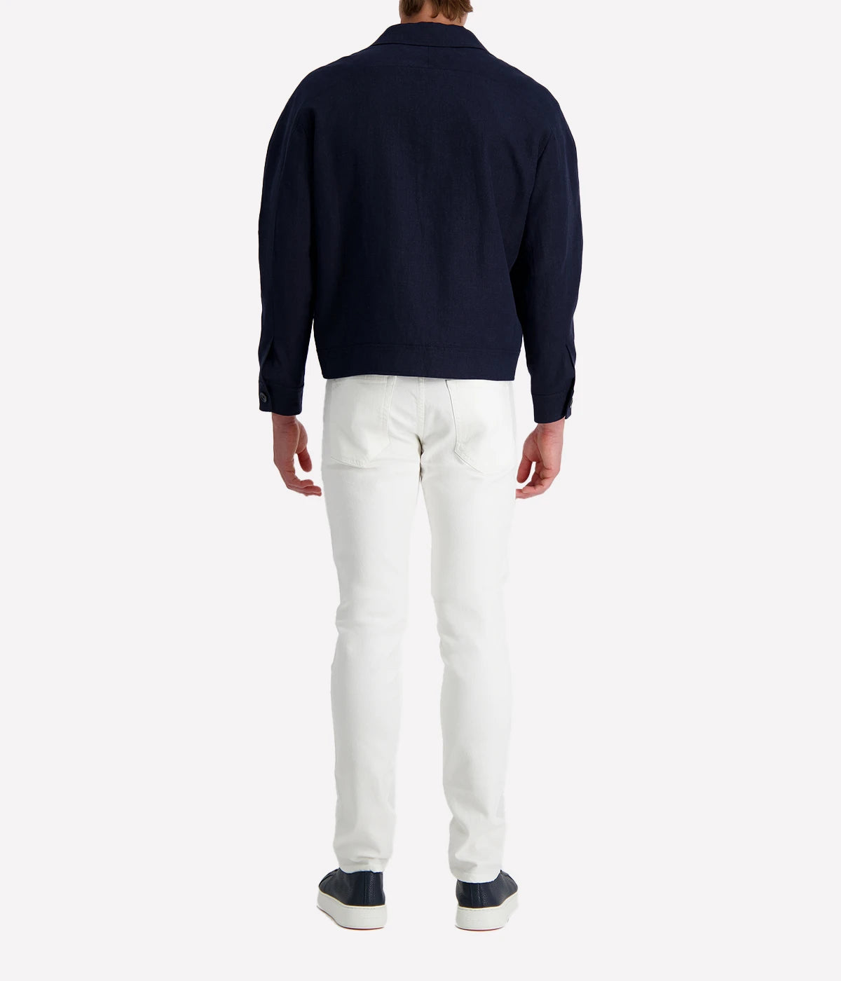 Lardini lightweight linen jacket in dark navy with zip closure, elasticated hem and cuffs, and side welt pockets—designed for a polished yet breathable warm-weather look.