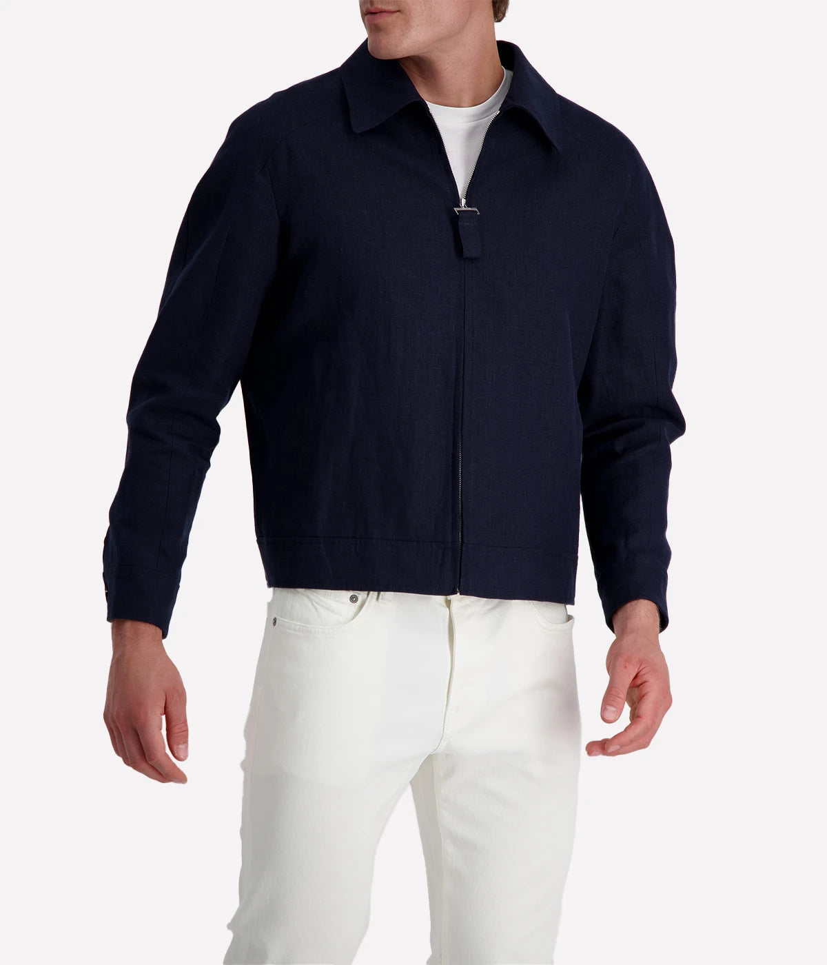 Lardini lightweight linen jacket in dark navy with zip closure, elasticated hem and cuffs, and side welt pockets—designed for a polished yet breathable warm-weather look.
