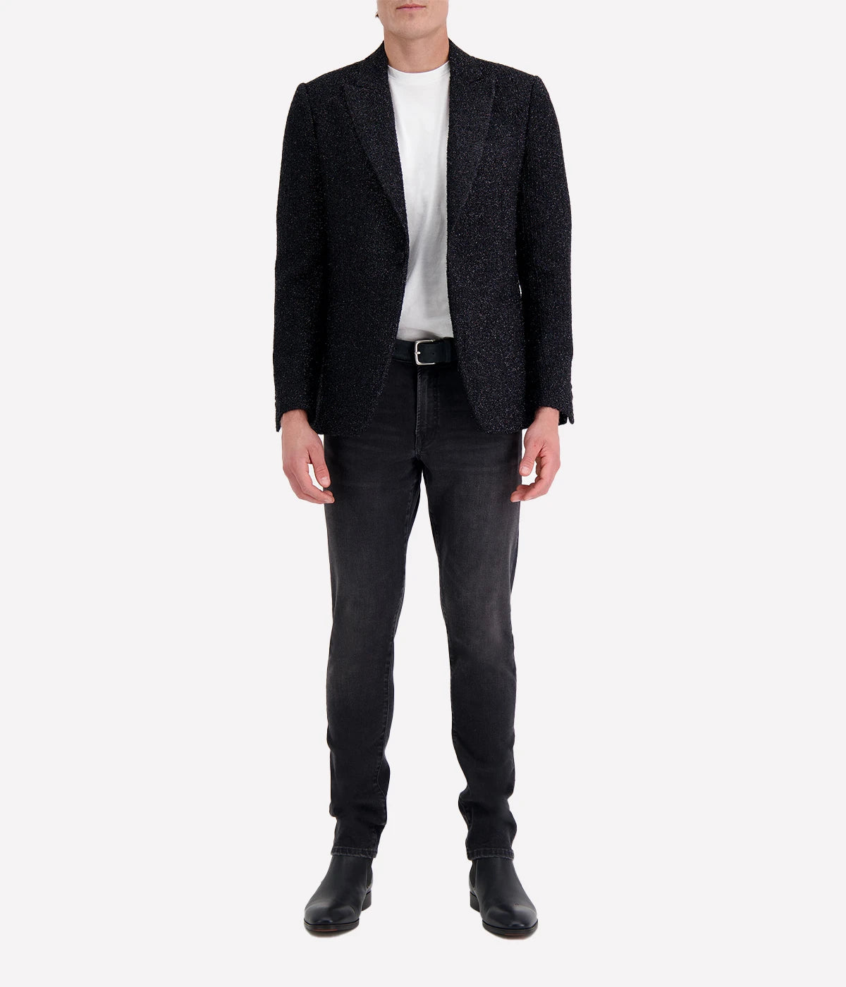 Men’s Lardini black tweed blazer with metallic silver thread, tailored fit, and lightweight fabric—ideal for elevated evening wear or statement styling.