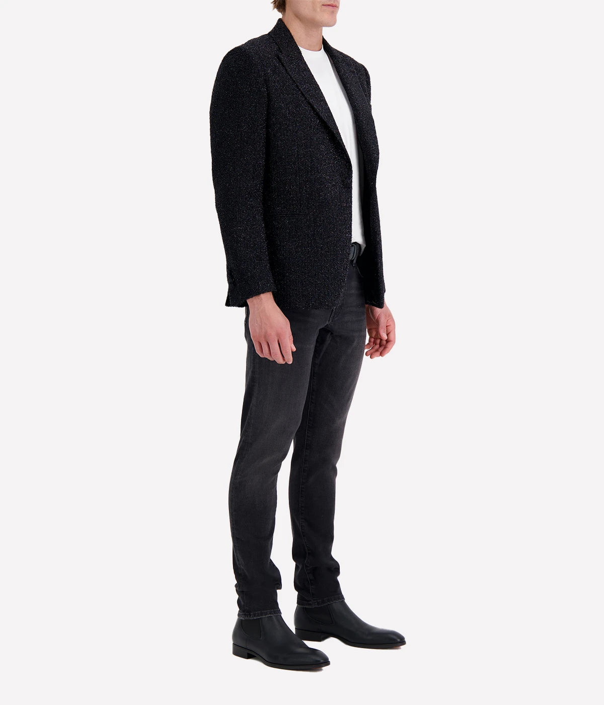 Men’s Lardini black tweed blazer with metallic silver thread, tailored fit, and lightweight fabric—ideal for elevated evening wear or statement styling.