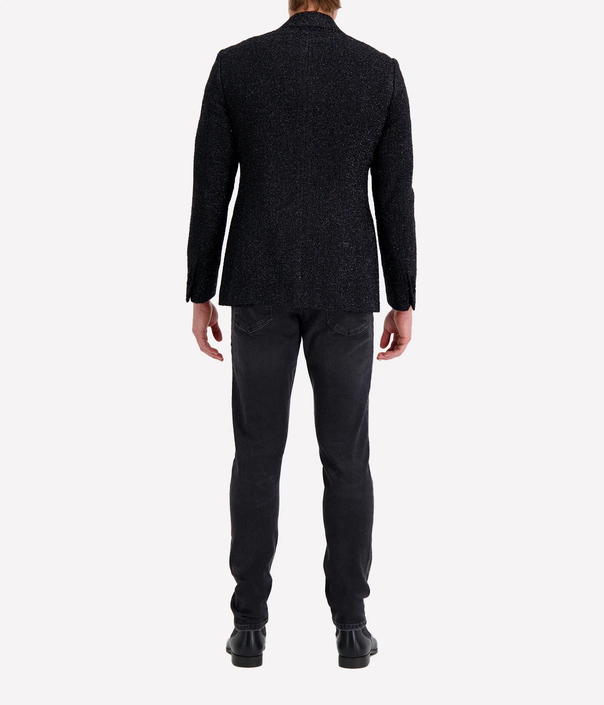 Men’s Lardini black tweed blazer with metallic silver thread, tailored fit, and lightweight fabric—ideal for elevated evening wear or statement styling.