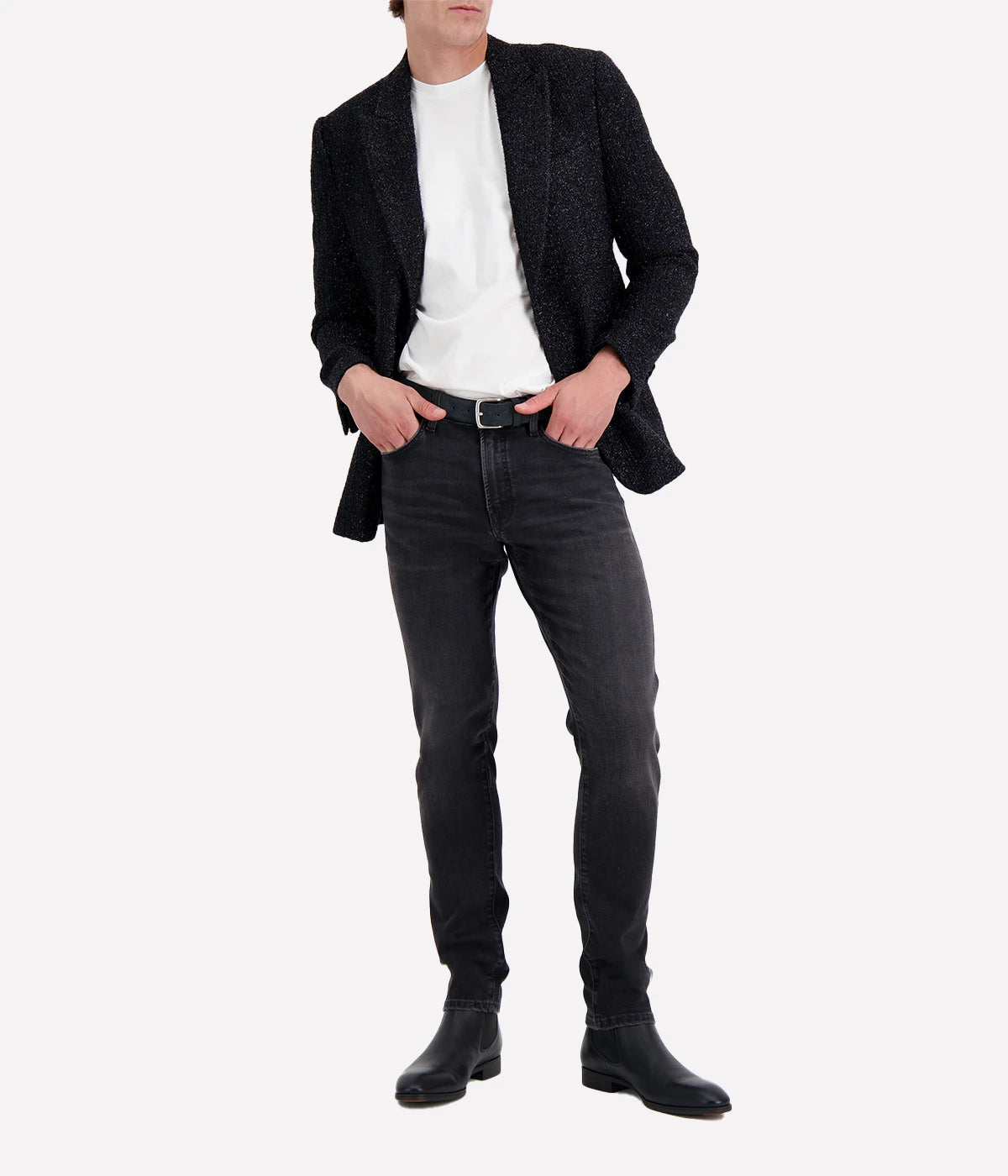 Men’s Lardini black tweed blazer with metallic silver thread, tailored fit, and lightweight fabric—ideal for elevated evening wear or statement styling.