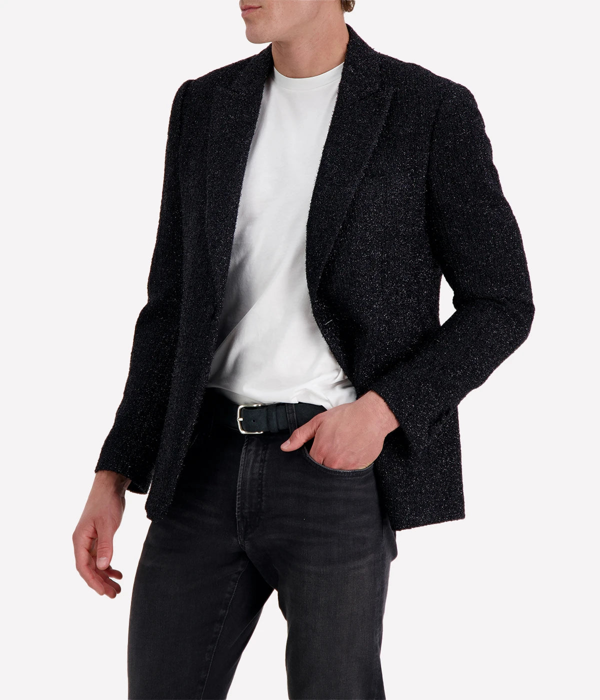 Men’s Lardini black tweed blazer with metallic silver thread, tailored fit, and lightweight fabric—ideal for elevated evening wear or statement styling.