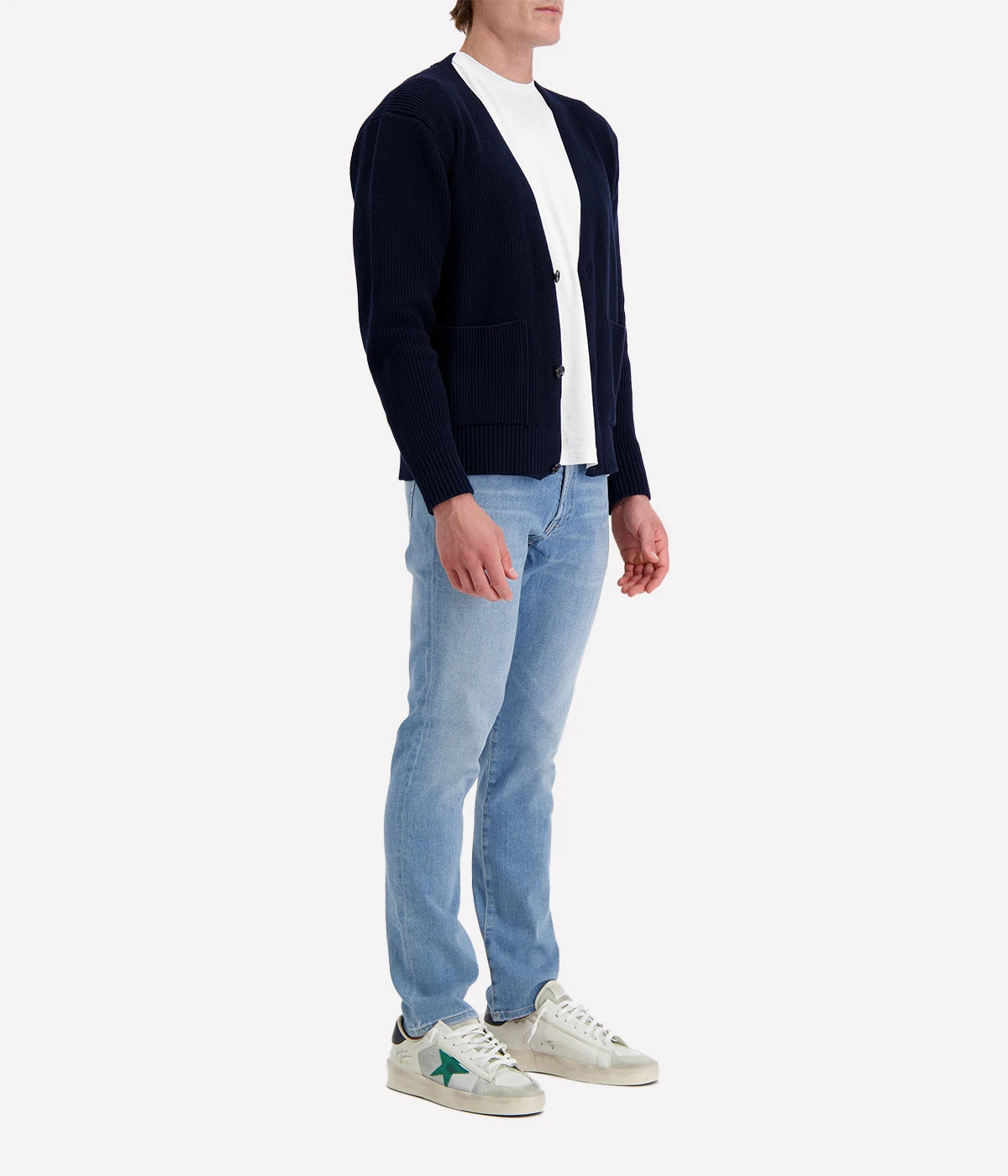 Navy Lardini V-neck cardigan with button front, made from organic cotton in a textured 7-gauge knit.