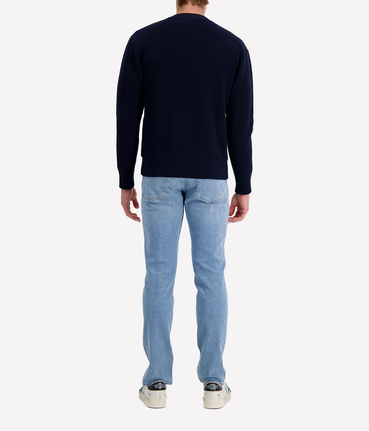 Navy Lardini V-neck cardigan with button front, made from organic cotton in a textured 7-gauge knit.