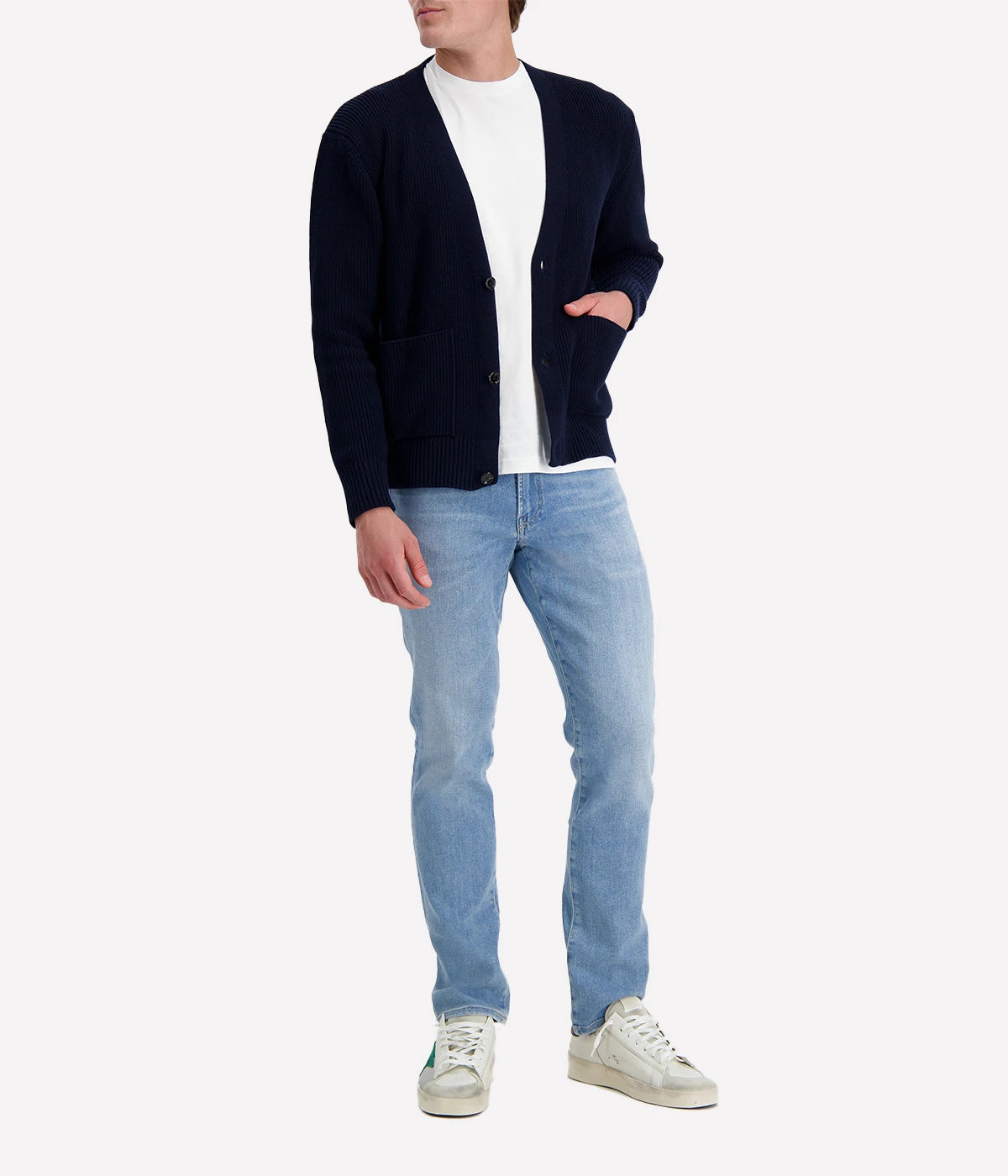 Navy Lardini V-neck cardigan with button front, made from organic cotton in a textured 7-gauge knit.