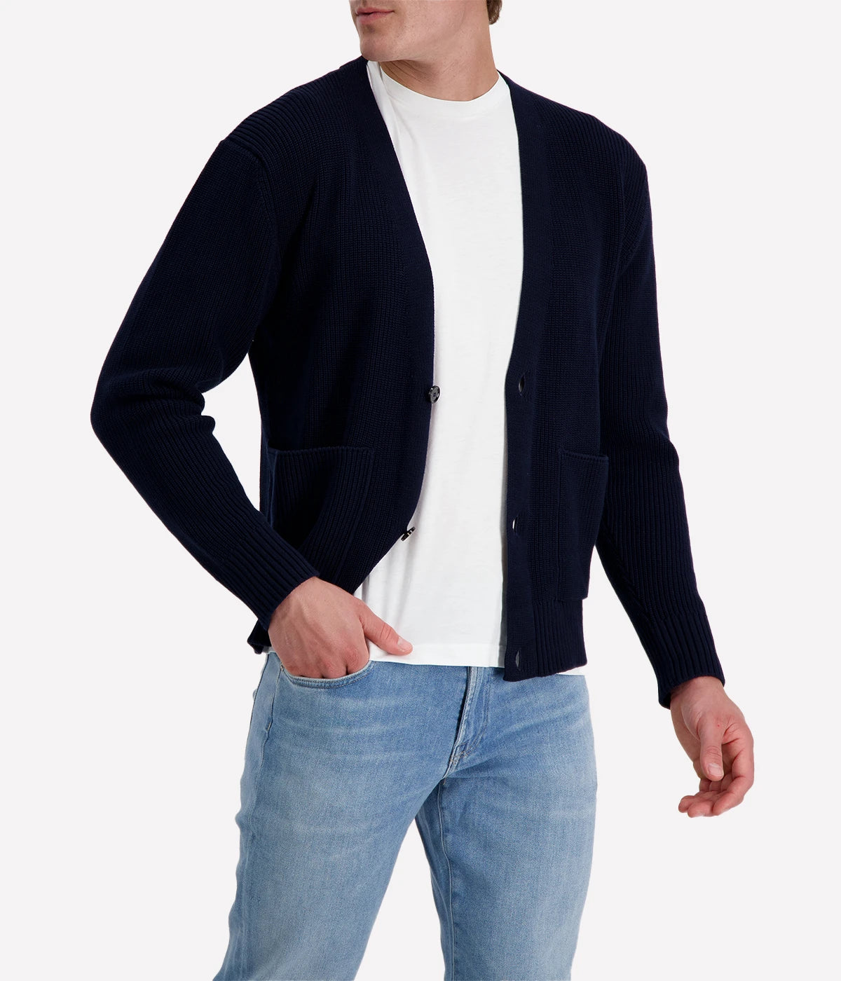 Navy Lardini V-neck cardigan with button front, made from organic cotton in a textured 7-gauge knit.