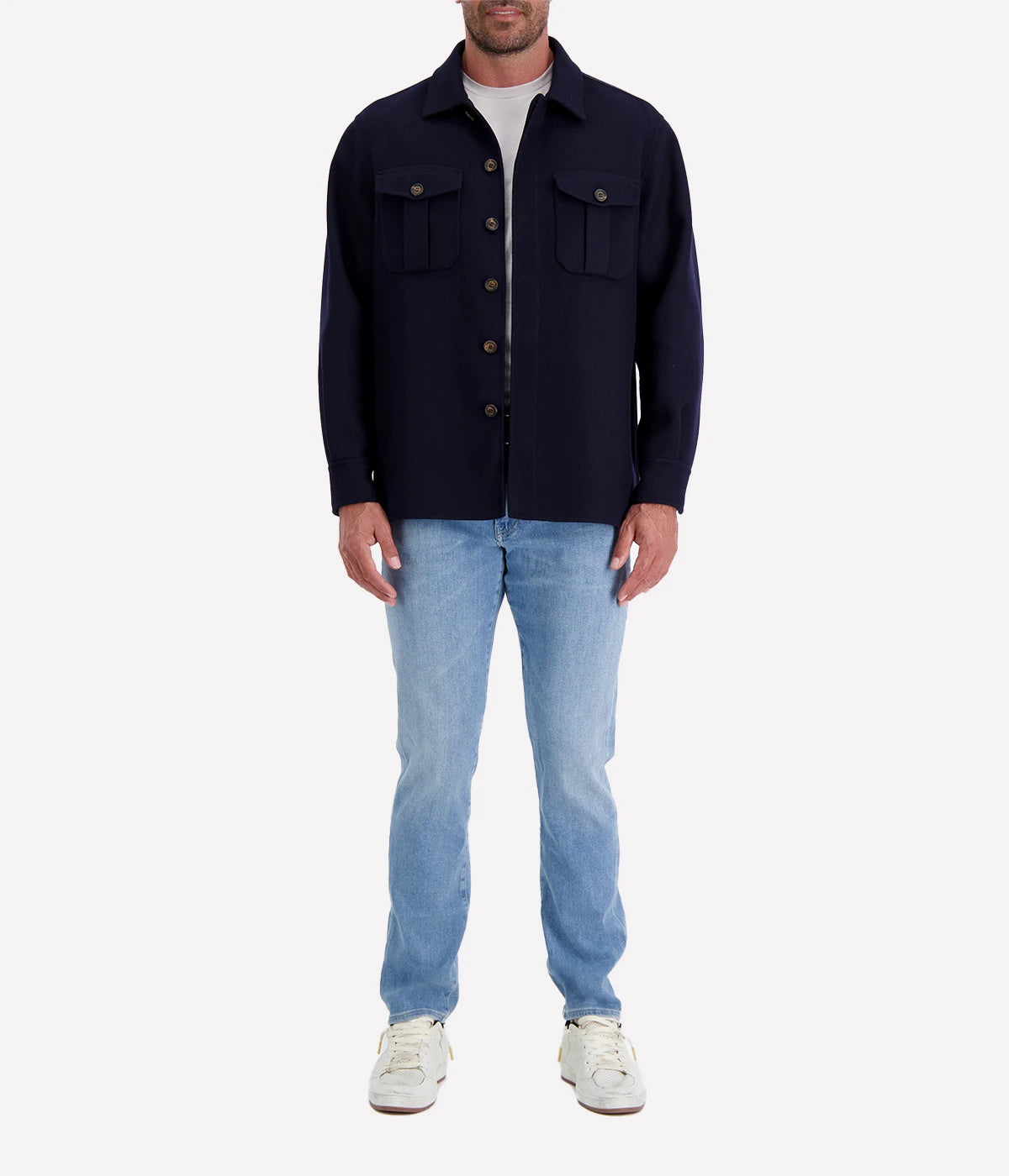 Luxury Eleventy wool-cashmere overshirt in a tailored fit, featuring a hidden-button placket, spread collar, and chest flap-patch pockets.