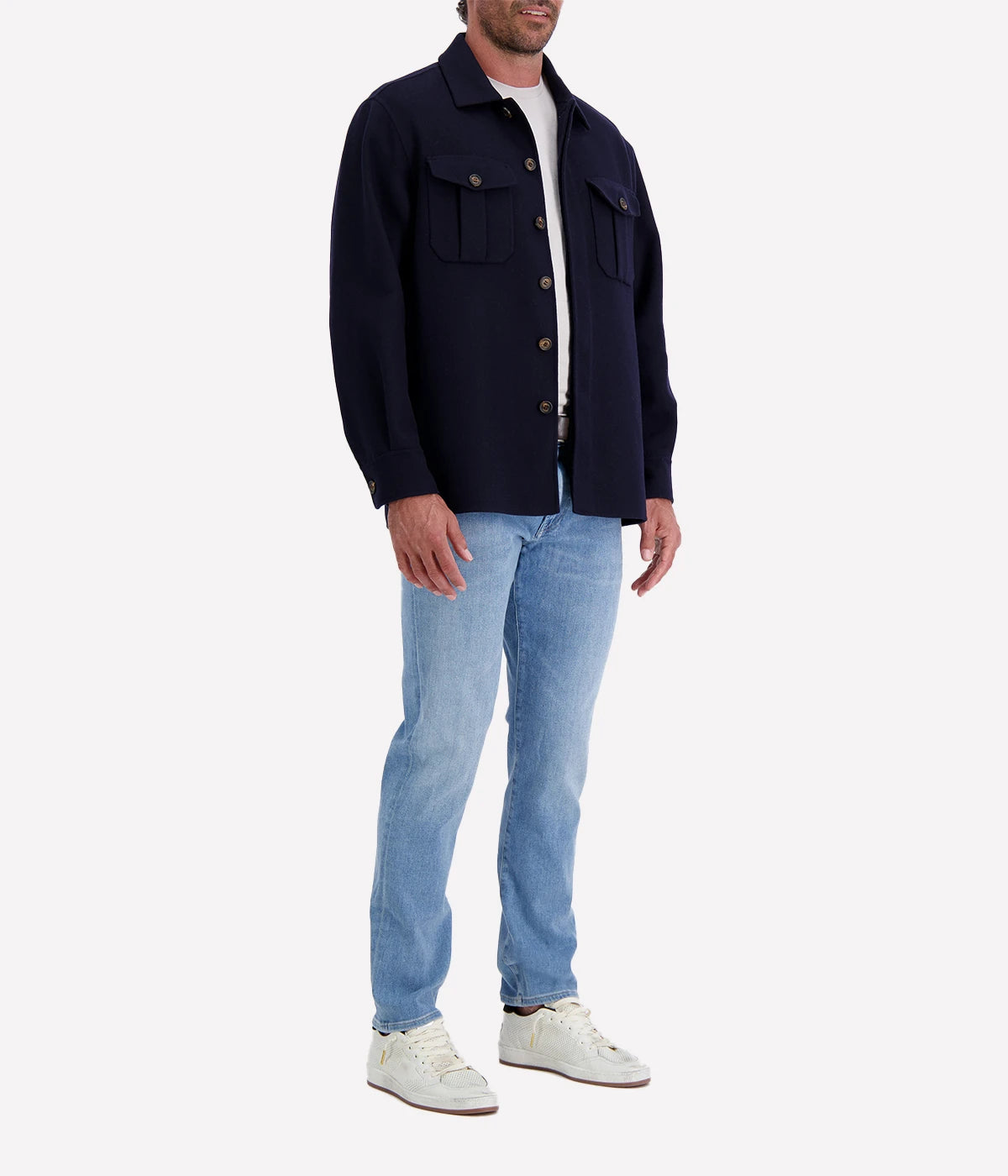 Luxury Eleventy wool-cashmere overshirt in a tailored fit, featuring a hidden-button placket, spread collar, and chest flap-patch pockets.