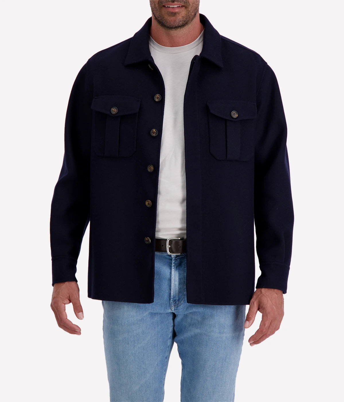 Luxury Eleventy wool-cashmere overshirt in a tailored fit, featuring a hidden-button placket, spread collar, and chest flap-patch pockets.