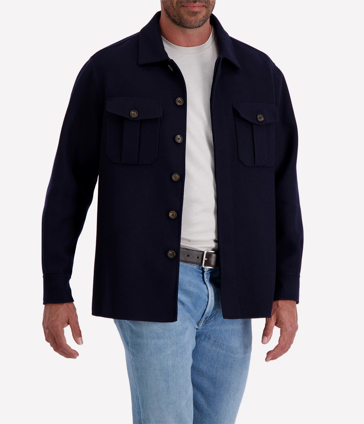 Luxury Eleventy wool-cashmere overshirt in a tailored fit, featuring a hidden-button placket, spread collar, and chest flap-patch pockets.