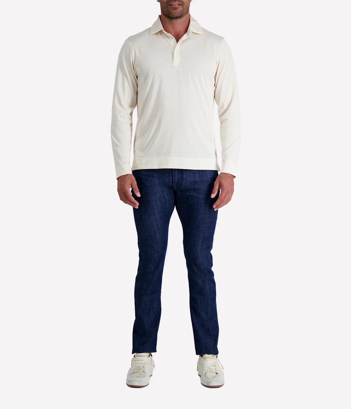 Lardini long sleeve polo in cream, made from a lightweight cotton-silk blend, featuring a classic collar, button placket, and a soft, breathable finish.