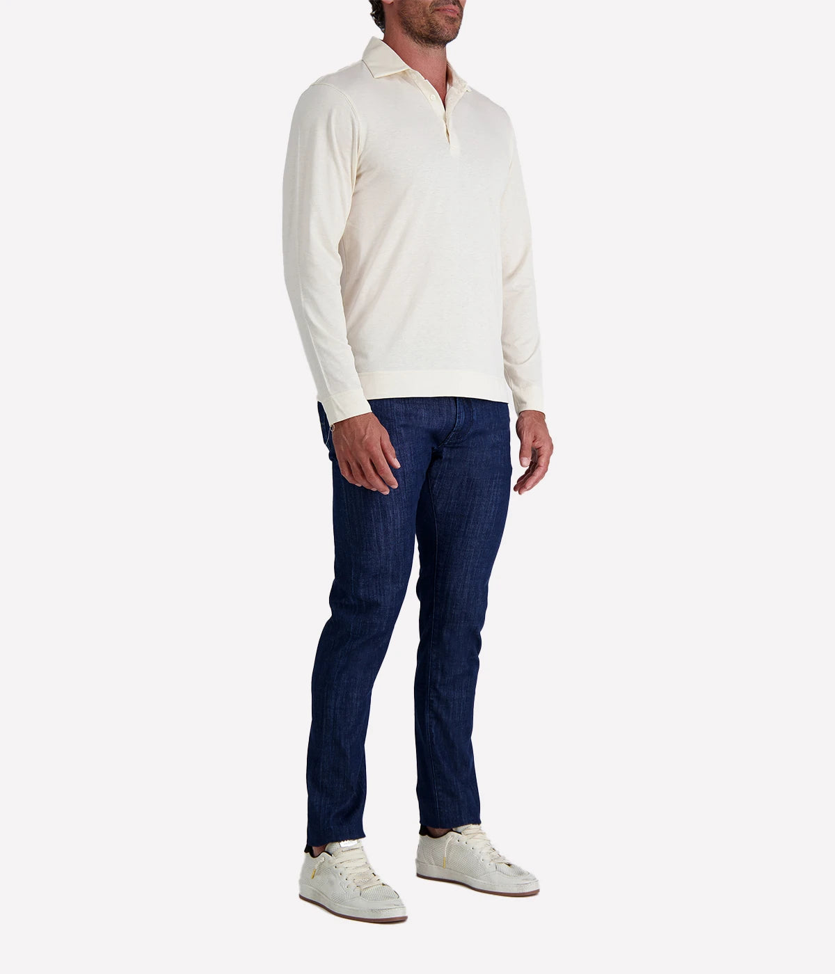 Lardini long sleeve polo in cream, made from a lightweight cotton-silk blend, featuring a classic collar, button placket, and a soft, breathable finish.