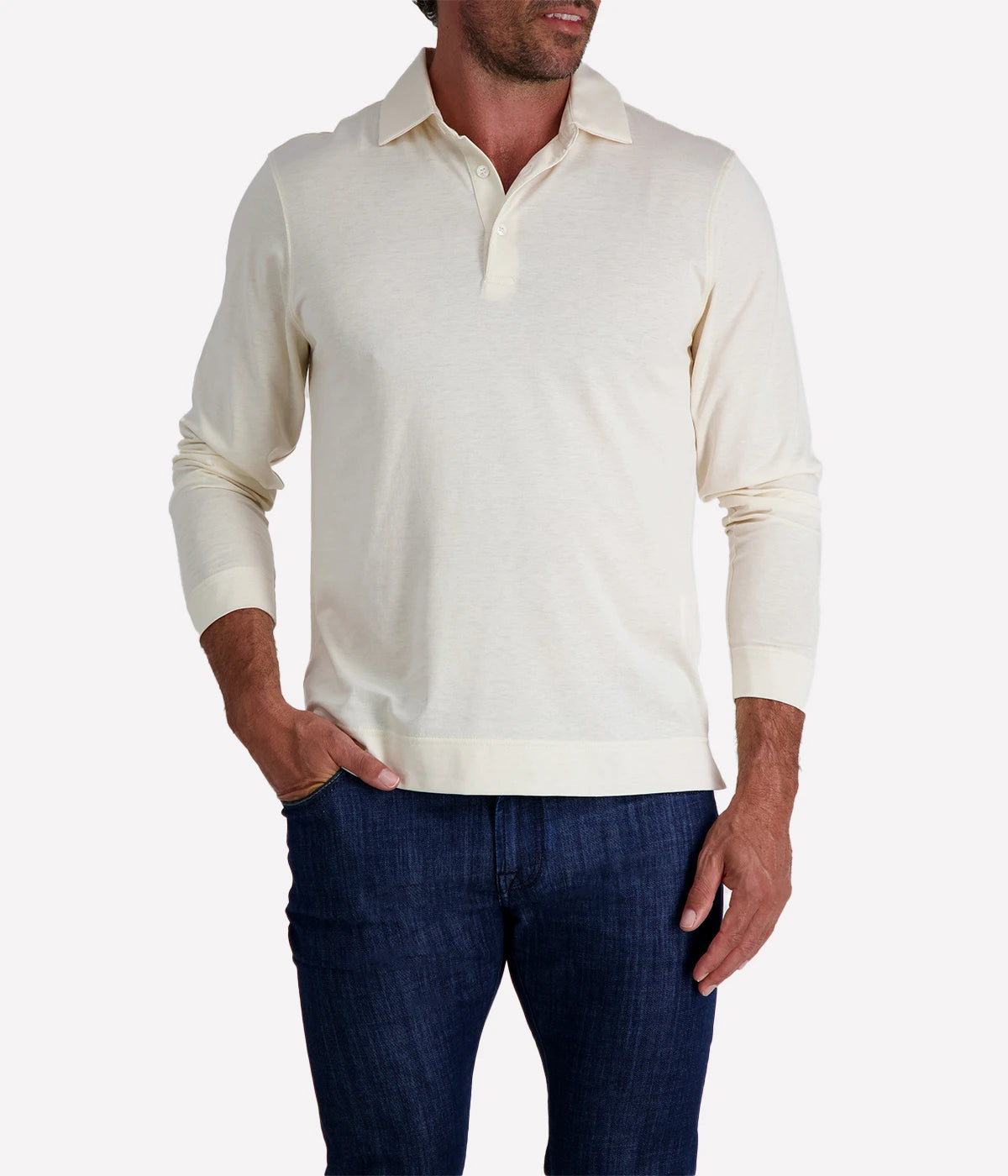 Lardini long sleeve polo in cream, made from a lightweight cotton-silk blend, featuring a classic collar, button placket, and a soft, breathable finish.