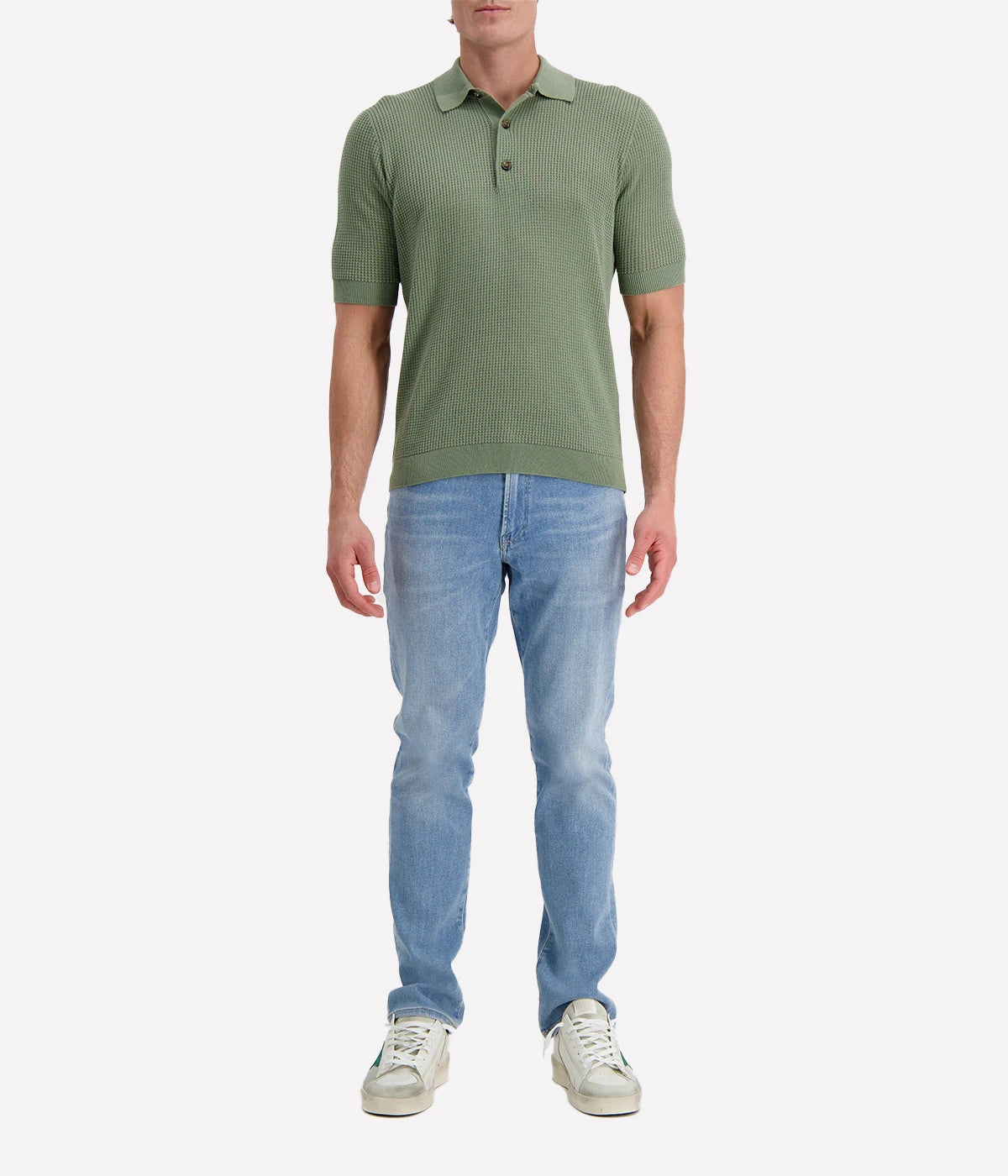 Lardini Moss green waffle-knit short-sleeve polo shirt with buttoned collar and ribbed cuffs and hem, made from 100% cotton.