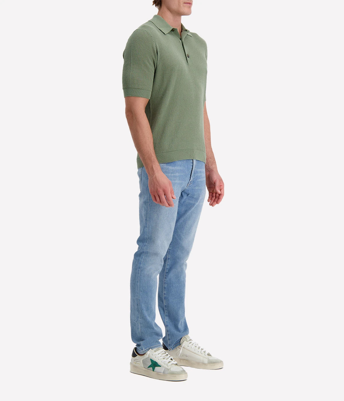 Lardini Moss green waffle-knit short-sleeve polo shirt with buttoned collar and ribbed cuffs and hem, made from 100% cotton.