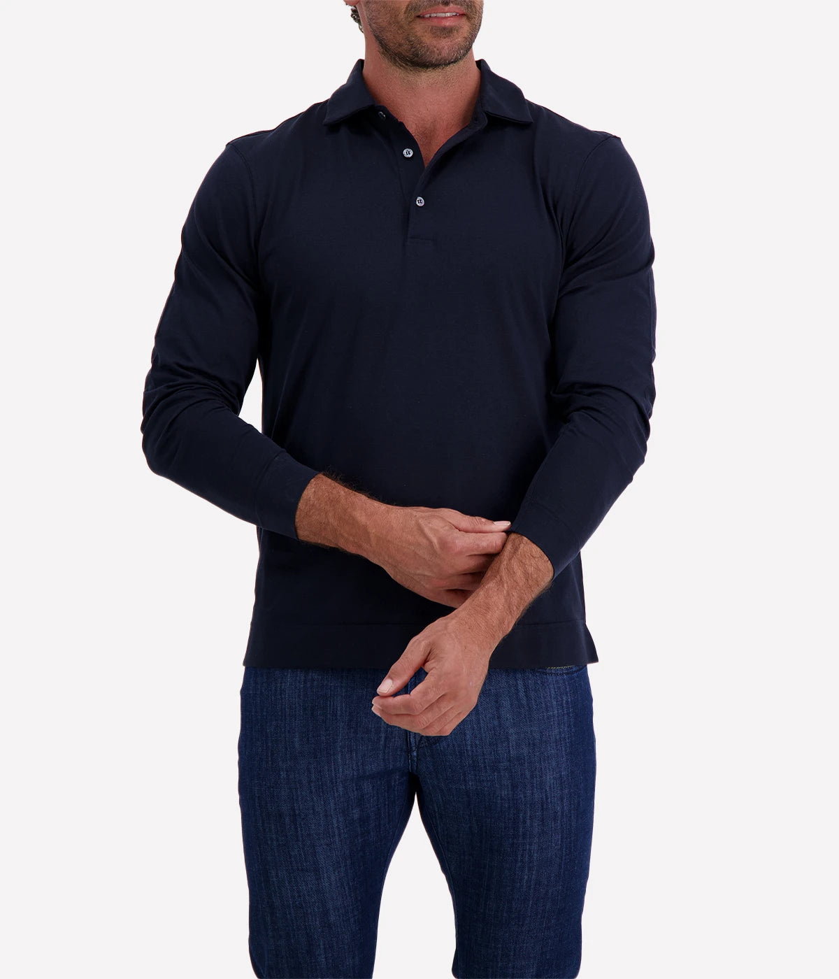 Lardini long sleeve polo in navy, crafted from a lightweight cotton-silk blend, featuring a classic collar, button placket, and a smooth, breathable finish.