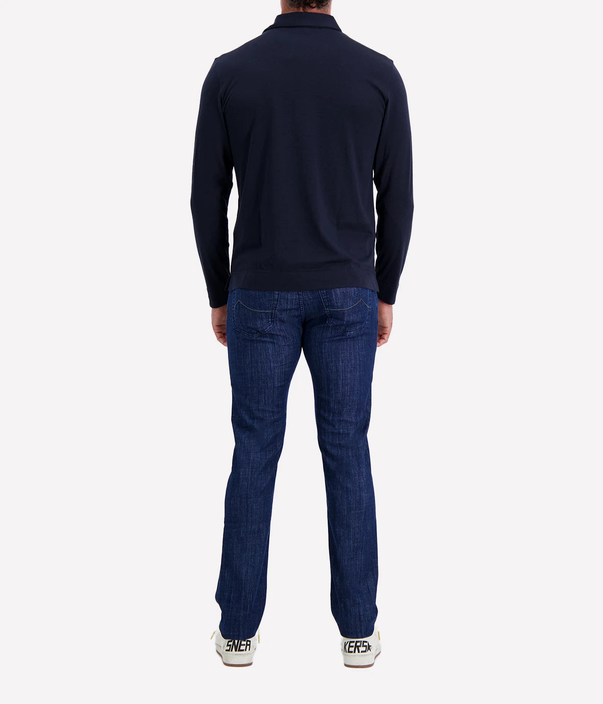 Lardini long sleeve polo in navy, crafted from a lightweight cotton-silk blend, featuring a classic collar, button placket, and a smooth, breathable finish.