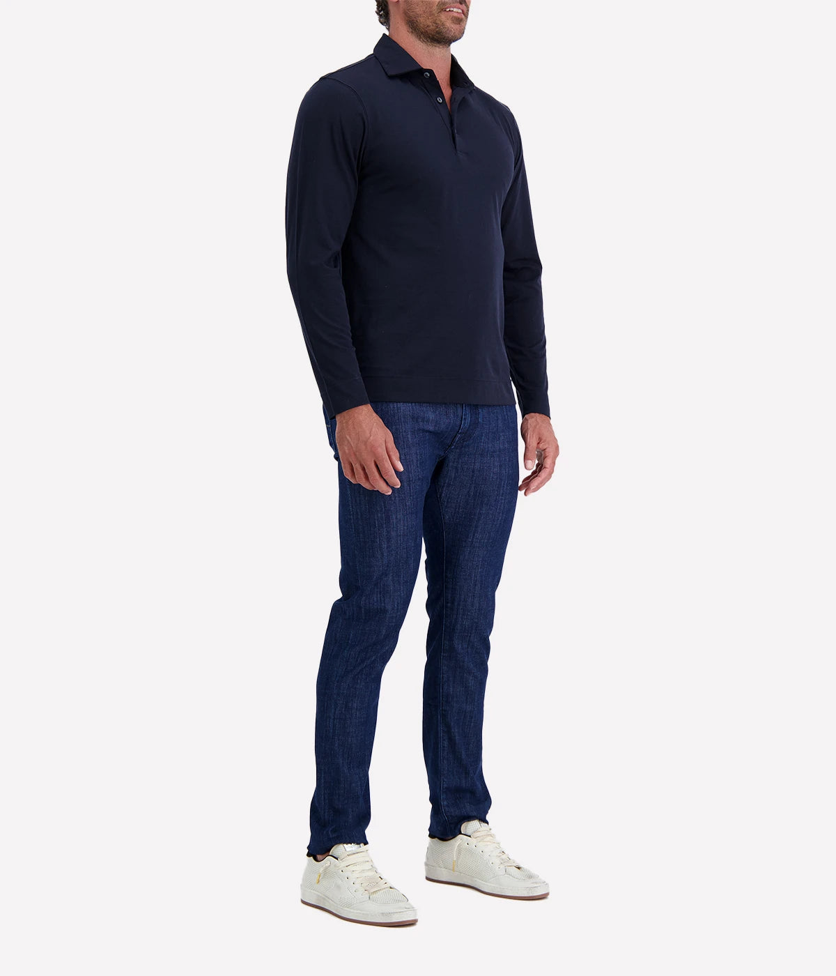 Lardini long sleeve polo in navy, crafted from a lightweight cotton-silk blend, featuring a classic collar, button placket, and a smooth, breathable finish.