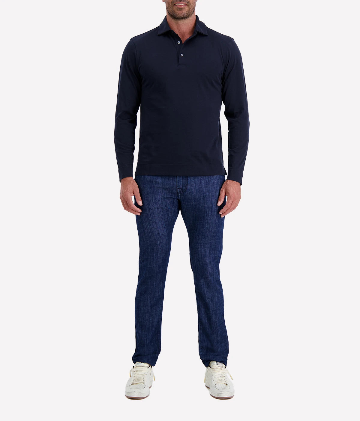 Lardini long sleeve polo in navy, crafted from a lightweight cotton-silk blend, featuring a classic collar, button placket, and a smooth, breathable finish.