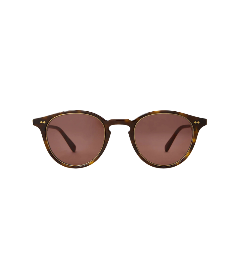 Close-up of the Marmont II Sun 48 in Hickory Tortoise & Antique Orchid, showcasing the P3 shape, keyhole nose bridge, and custom-engraved core wire.