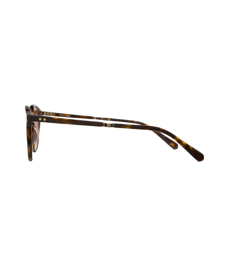 Side profile of Marmont II, highlighting the titanium coil temples, custom Mr. Leight hexagon riveted pins, and the acetate finish.