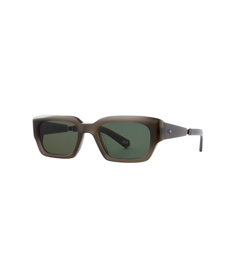 Angled shot of Maverick Sun 51 sunglasses, emphasizing the saddle nose bridge and custom hexagon riveted pins at the temples.