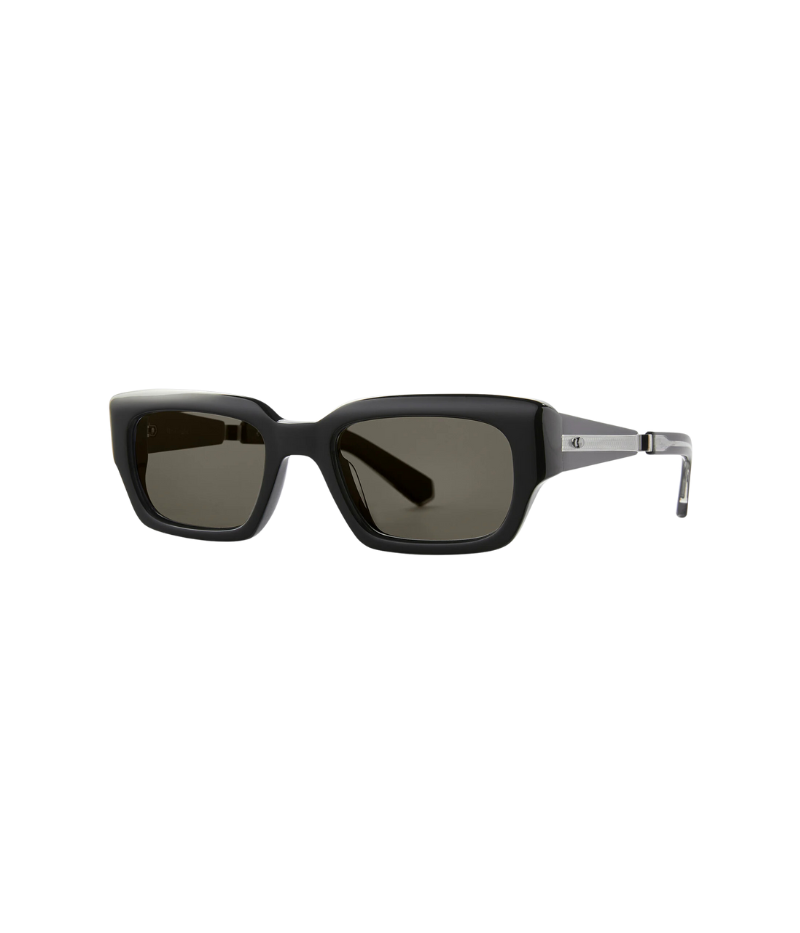 Angled shot of Maverick Sun 51 sunglasses, emphasizing the saddle nose bridge and custom hexagon riveted pins at the temples.