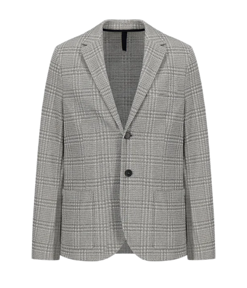 Men’s light grey check blazer in a knitted linen blend with notched lapels, 2-button closure, patch pockets, and an unlined structure for lightweight layering. Made in Italy.