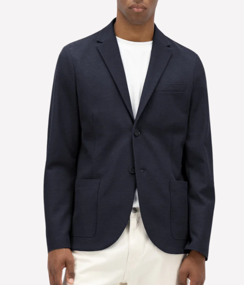 Men’s Loro Piana honeycomb-knit blazer with 2-button closure, notched collar, patch pockets, and unlined construction for lightweight layering. Made in Italy.