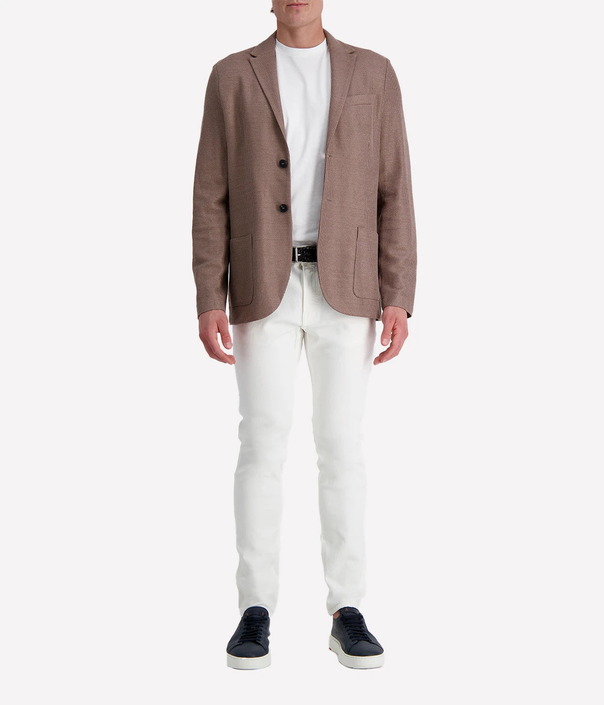 Knitted linen blend men's blazer with 2-button closure, notched collar, and patch pockets, unlined for lightweight summer layering. Made in Italy.