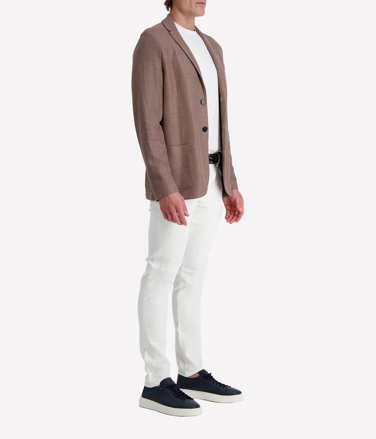 Knitted linen blend men's blazer with 2-button closure, notched collar, and patch pockets, unlined for lightweight summer layering. Made in Italy.