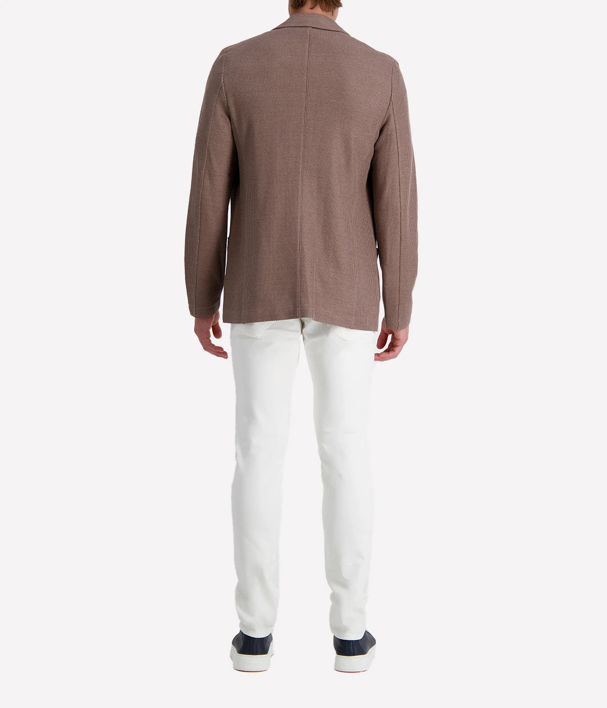 Knitted linen blend men's blazer with 2-button closure, notched collar, and patch pockets, unlined for lightweight summer layering. Made in Italy.