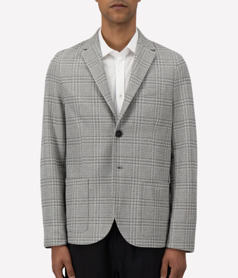 Men’s light grey check blazer in a knitted linen blend with notched lapels, 2-button closure, patch pockets, and an unlined structure for lightweight layering. Made in Italy.